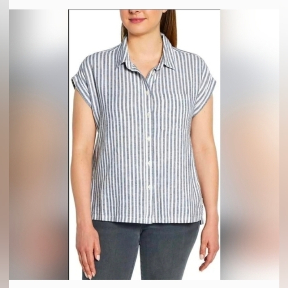Orvis Women's Button-Up Short Sleeves Chest Pocket Blouse, Blue Stripe